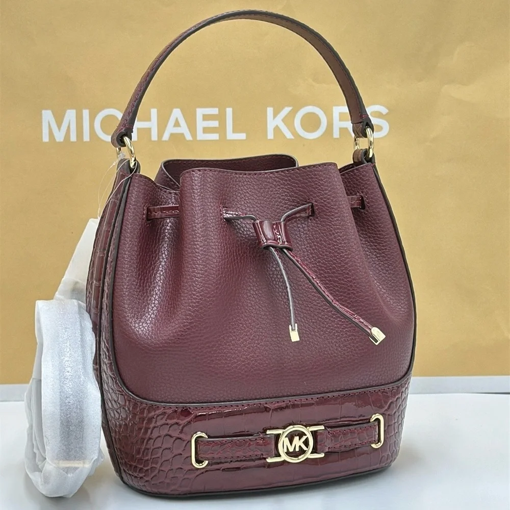 MICHAEL KORS  Reed Medium Pebbled Leather Bucket Bag Satchel Crossbody Oxblood